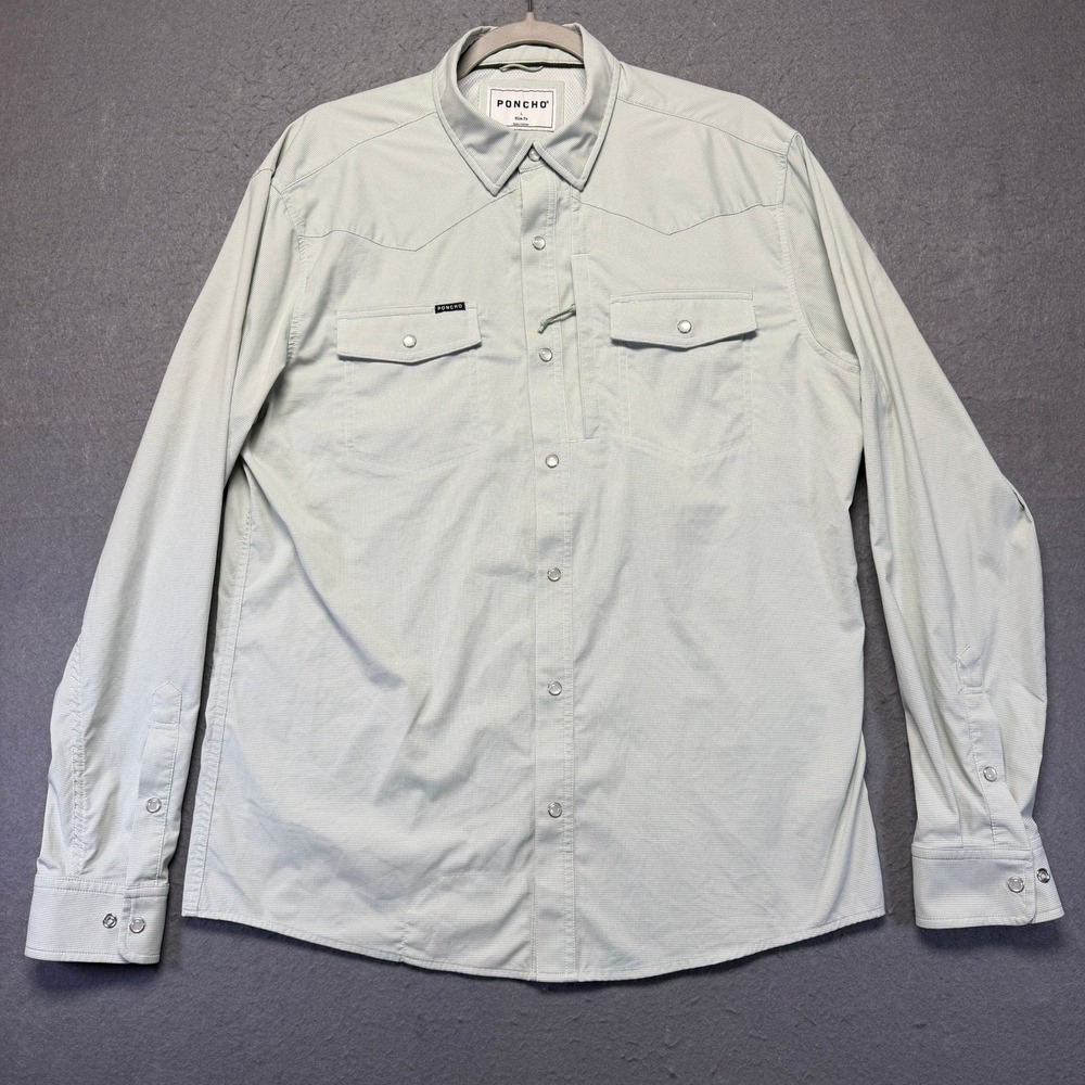 Poncho Outdoors Mens Large Slim Fit Western Pearl Snap Fishing Shirt Sage Grid